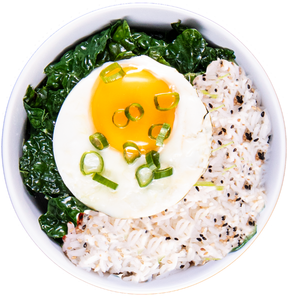 Sesame Fried Egg with Garlic Kale and Coconut Rice Innit